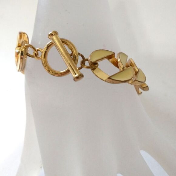 Vtg Enameled Bracelet Chunky Flat Chain Link Gold Tone Ivory Statement Classic. - Picture 7 of 16